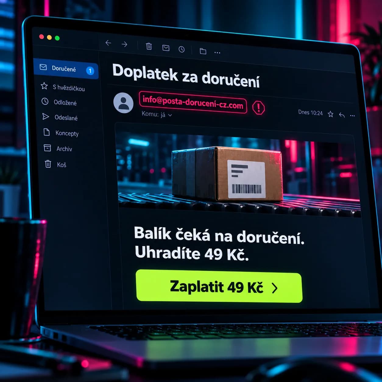 E-mail žádá o doplatek za doručení balíku; podezřelá adresa odesílatele je zvýrazněná jako varovný signál, že se jedná o phishing a sociální inženýrství.
