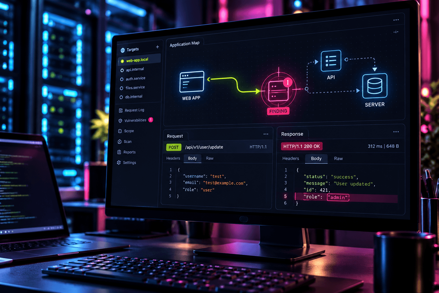 Digitálně nasvícená kancelářská budova, kterou skenuje neonová síť a odhaluje zranitelné místo pomocí penetračního testu.
