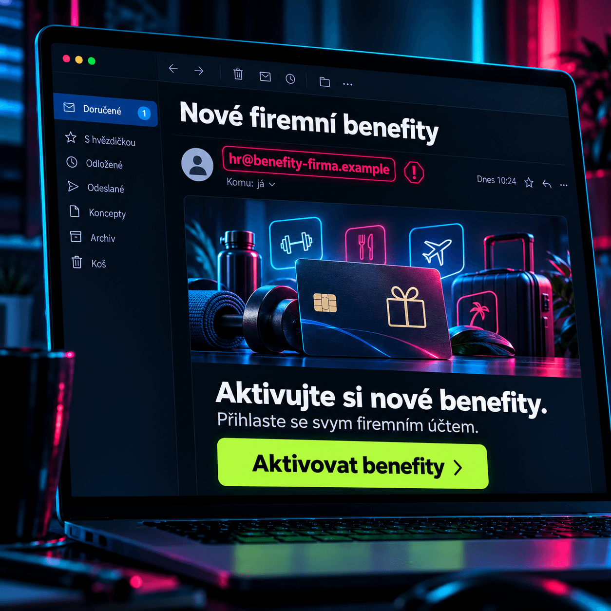 E-mail žádá o doplatek za doručení balíku; podezřelá adresa odesílatele je zvýrazněná jako varovný signál, že se jedná o phishing a sociální inženýrství.