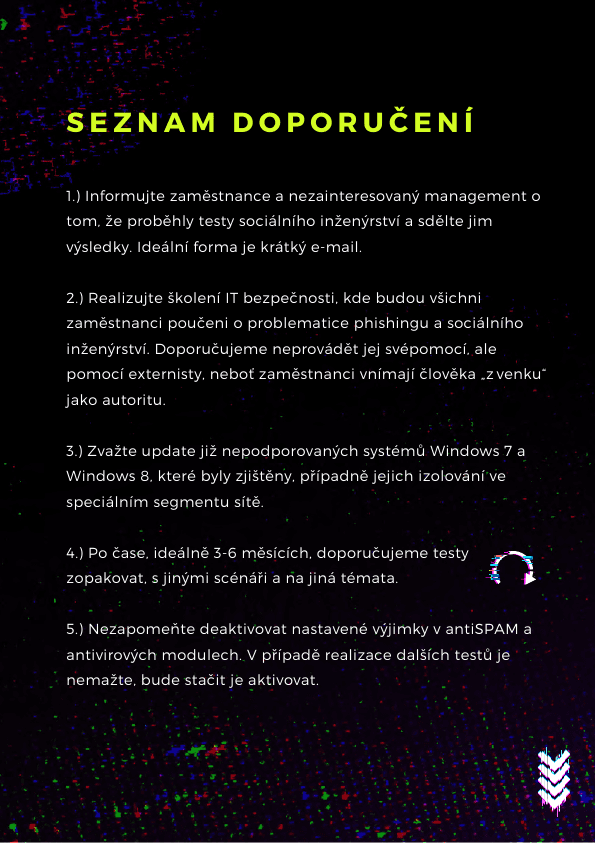 Strana reportu se seznamem doporučení