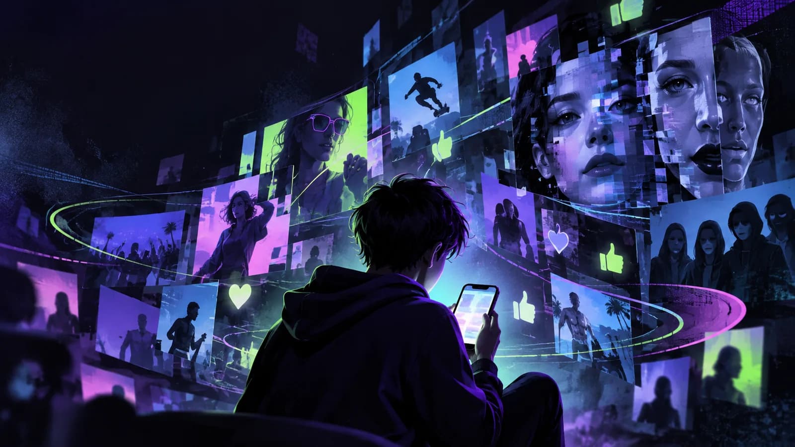 Dítě s telefonem obklopené digitálními obrazy sociálních sítí, influencerů a doporučovaného obsahu.